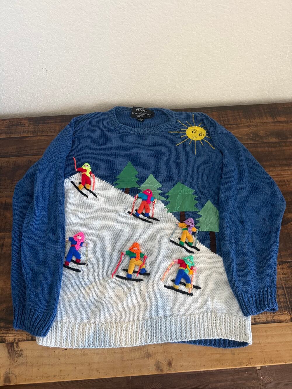 Vintage Raquel’s Collection Ski Sweater L Handmade Peru 3D Skier Applique Cotton